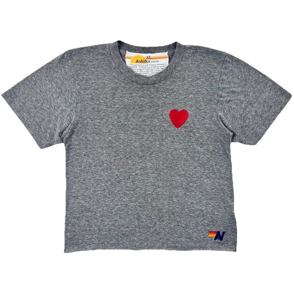 Aviator Nation Heart Embroidery Boyfriend Tee Women’s XS Heather Grey Cropped - Picture 1 of 9